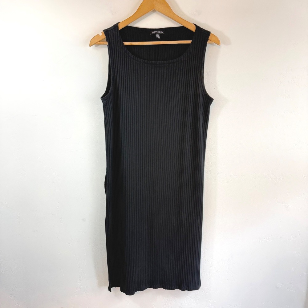 Eileen Fisher Rib Knit Midi Dress Black Slit Sleeveless Tencel Minimalist Medium